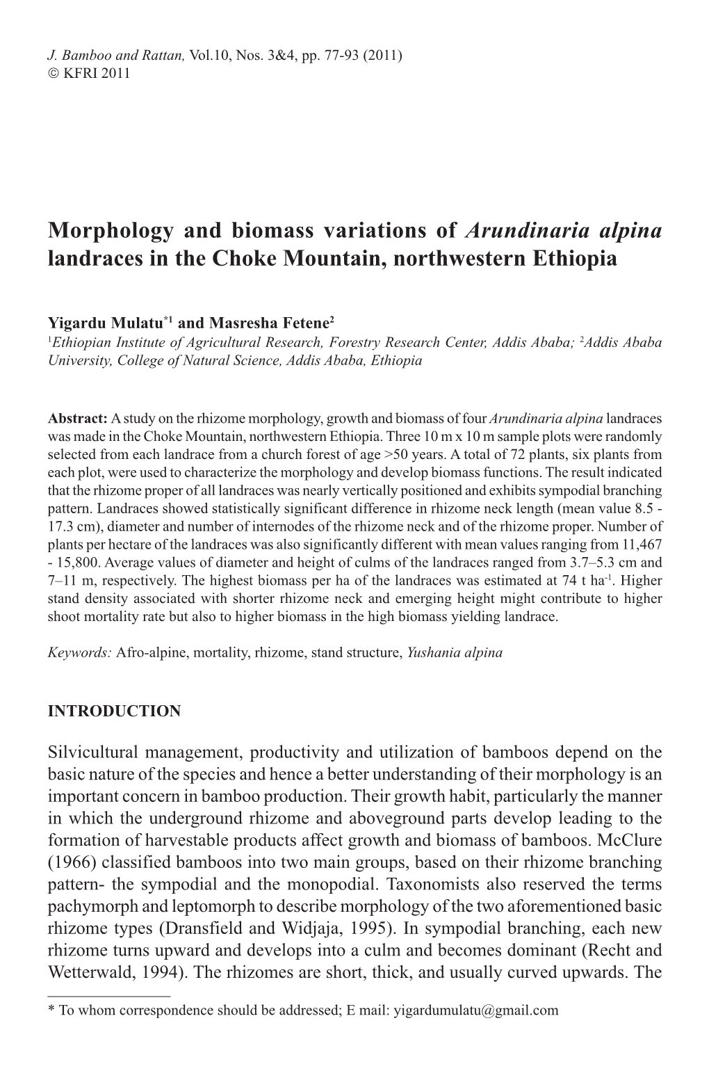 Morphology and Biomass Variations of Arundinaria Alpina Landraces in the Choke Mountain, Northwestern Ethiopia