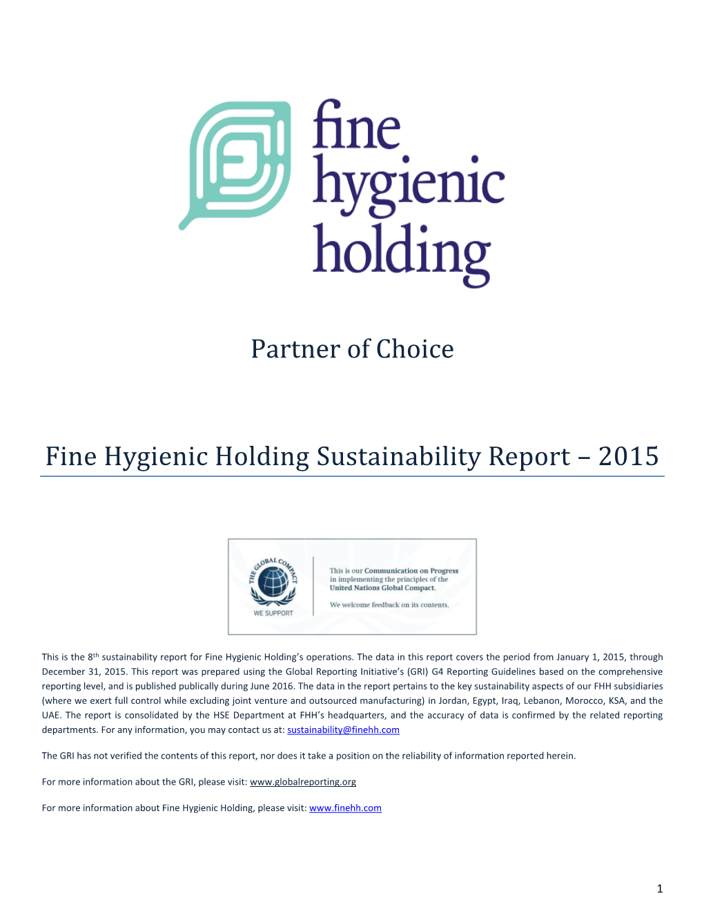 Partner of Choice Fine Hygienic Holding Sustainability Report – 2015