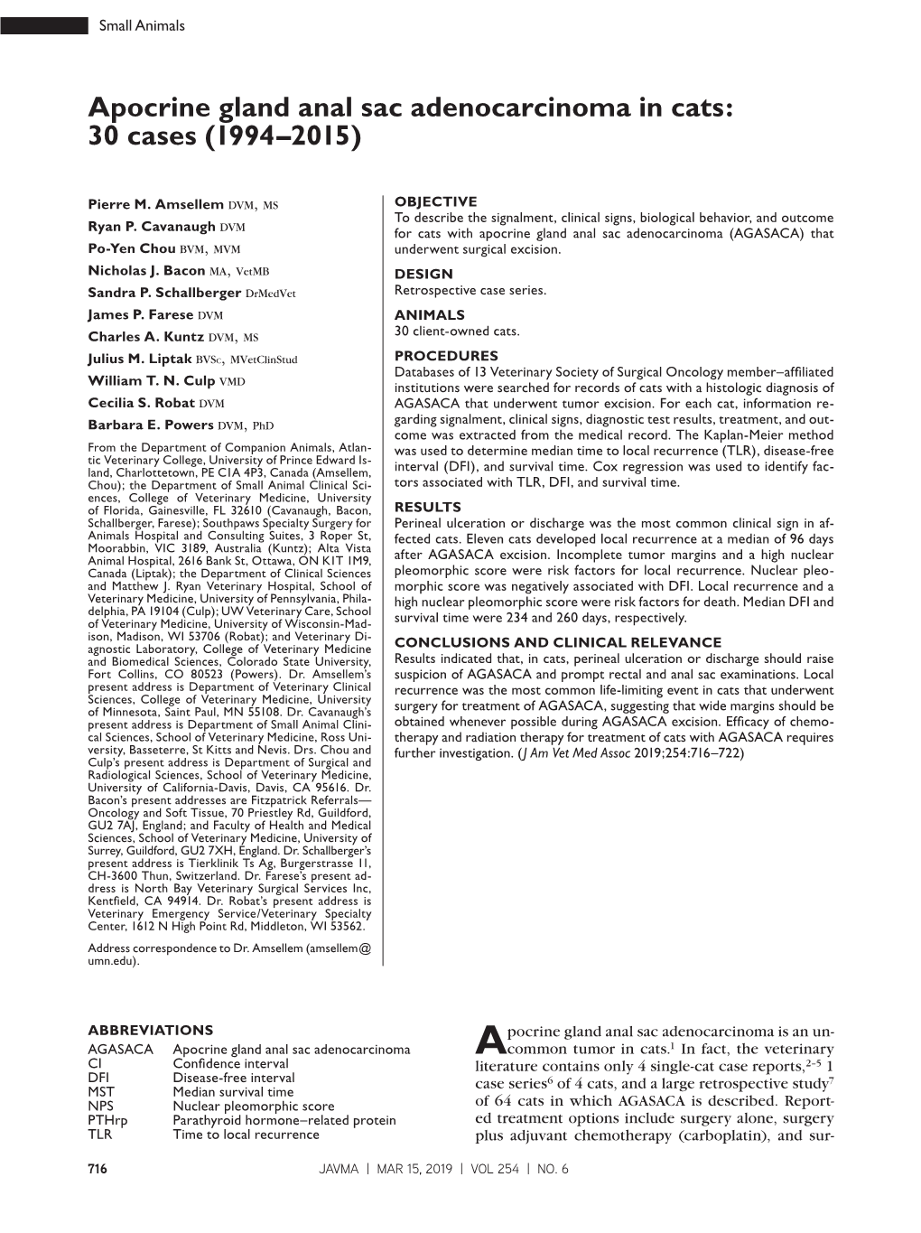 Apocrine Gland Anal Sac Adenocarcinoma in Cats: 30 Cases (1994–2015)