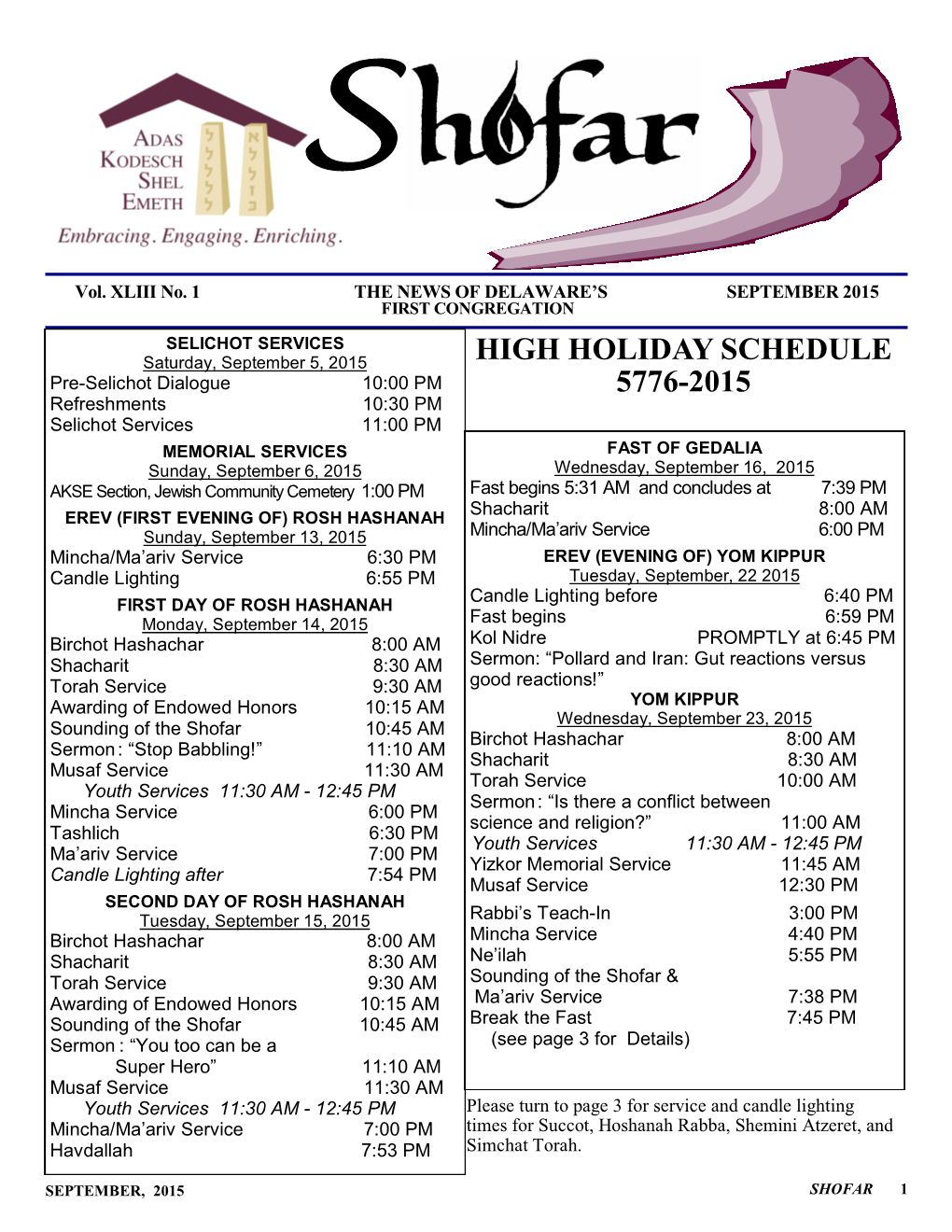 High Holiday Schedule 5776-2015