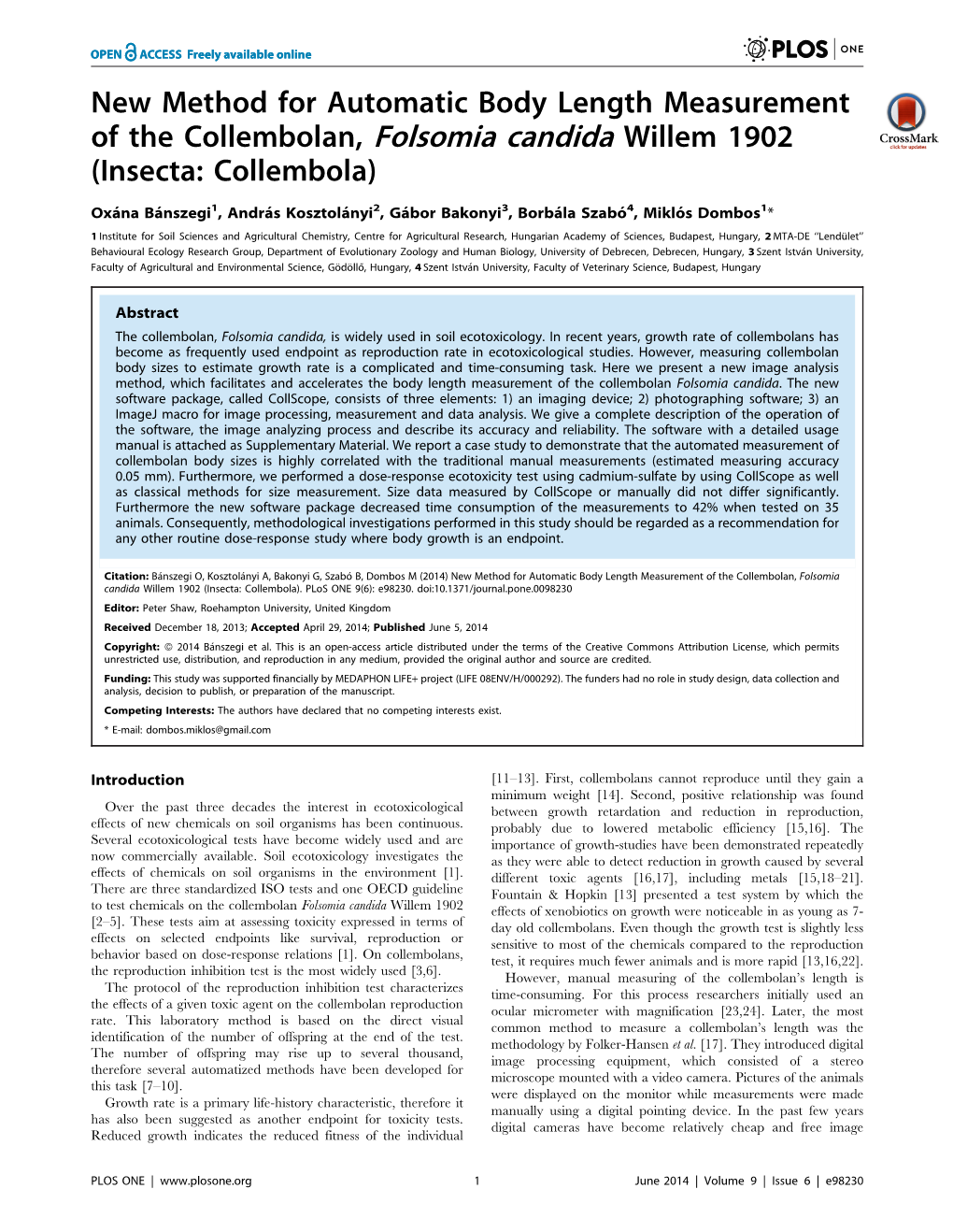 New Method for Automatic Body Length Measurement of the Collembolan, Folsomia Candida Willem 1902 (Insecta: Collembola)