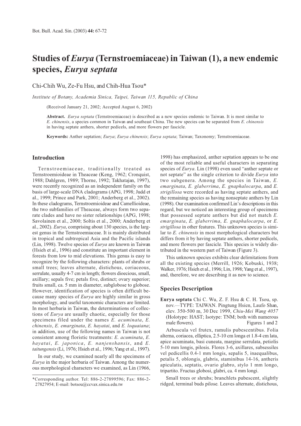 A New Endemic Species, Eurya Septata