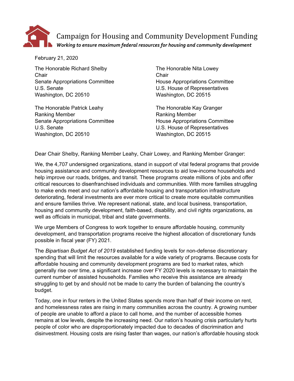 Campaign for Housing and Community Development Funding Working to Ensure Maximum Federal Resources for Housing and Community Development