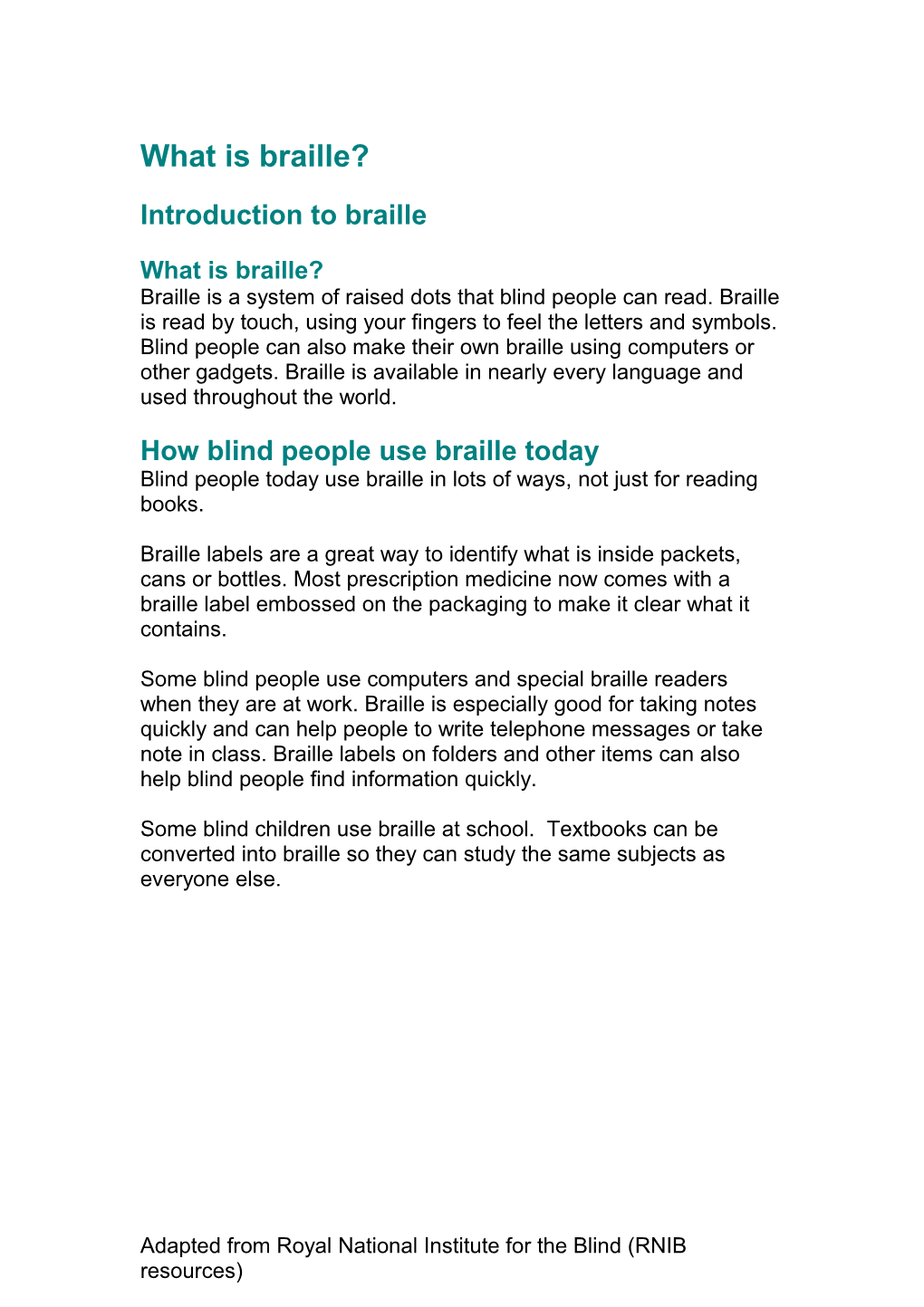 School Learning Pack: What Is Braille? Pupil Handout