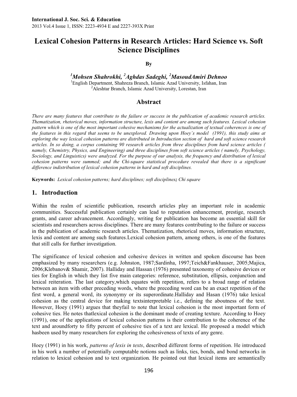 Lexical Cohesion Patterns in Research Articles: Hard Science Vs