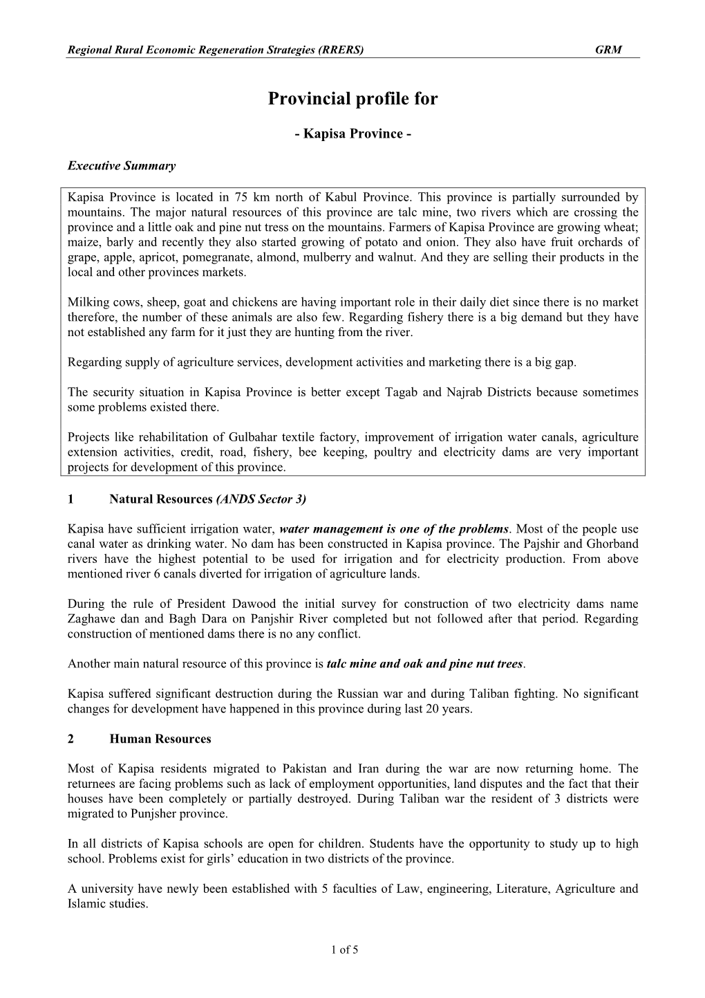 Kapisa Provincial Profile