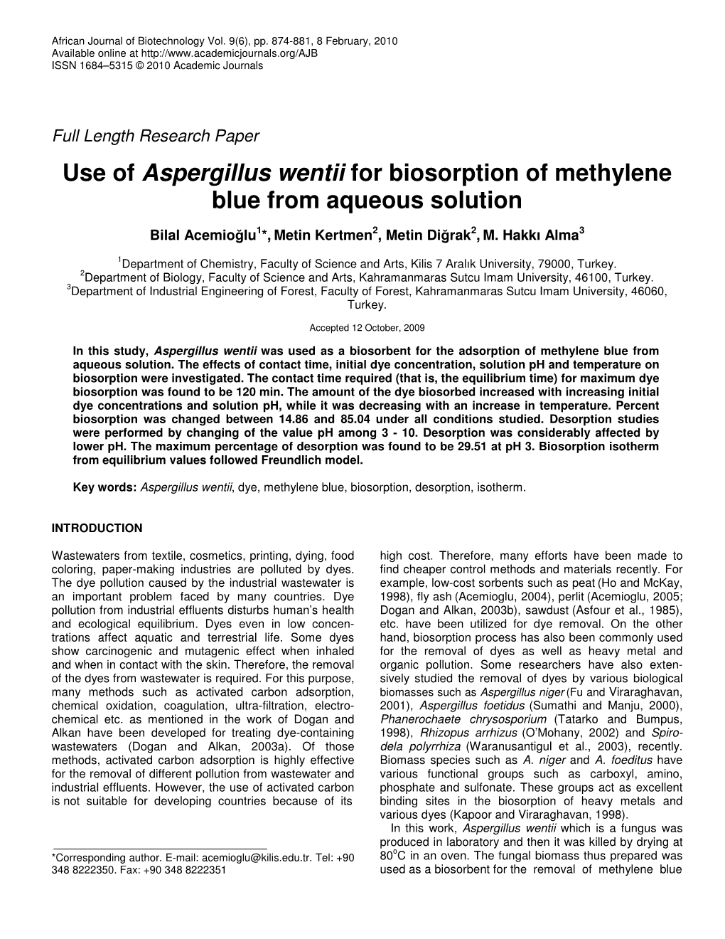 Use of Aspergillus Wentii for Biosorption of Methylene Blue from Aqueous Solution