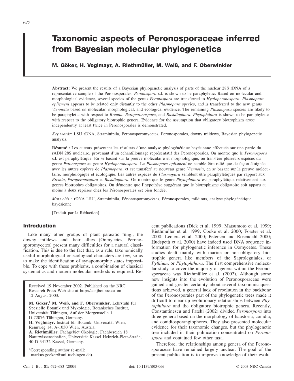 Taxonomic Aspects of Peronosporaceae Inferred from Bayesian Molecular Phylogenetics