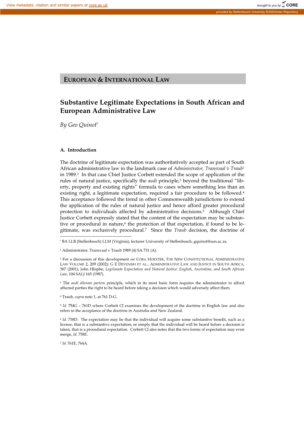 Substantive Legitimate Expectations in South African and European Administrative Law