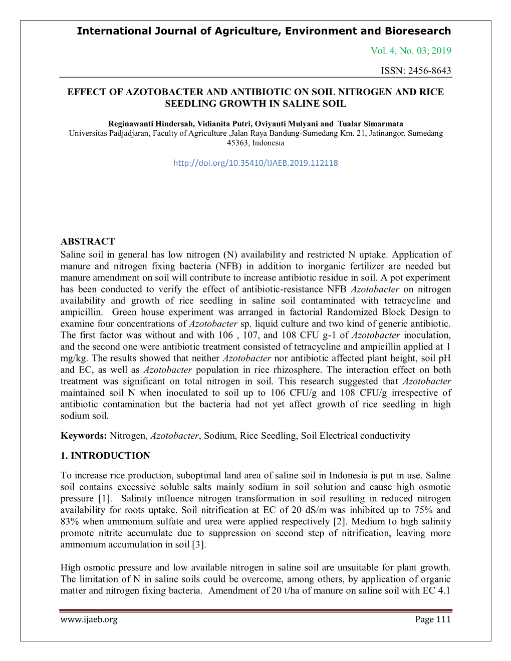 2019 Issn: 2456-8643 Effect of Azotobacter