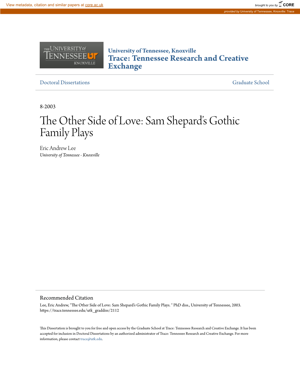 The Other Side of Love: Sam Shepardâ•Žs Gothic Family Plays