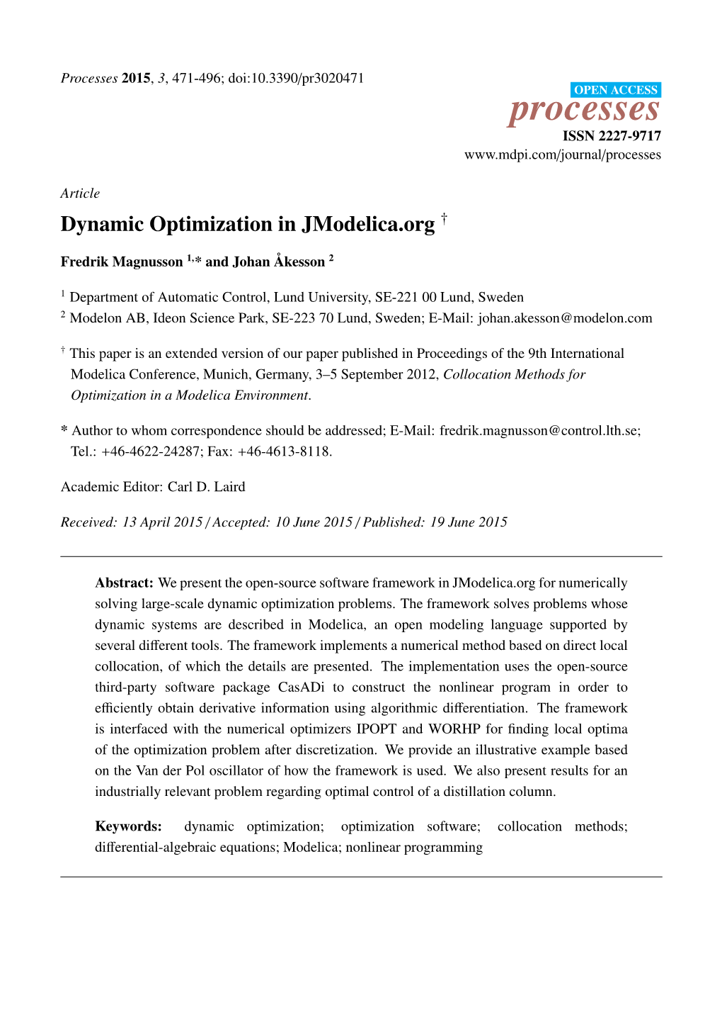 Dynamic Optimization in Jmodelica.Org †