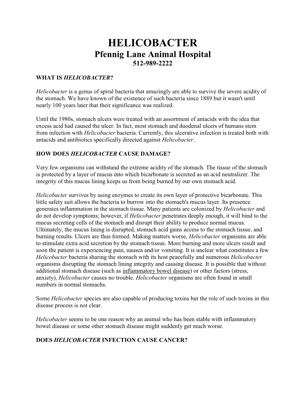 HELICOBACTER Pfennig Lane Animal Hospital 512-989-2222