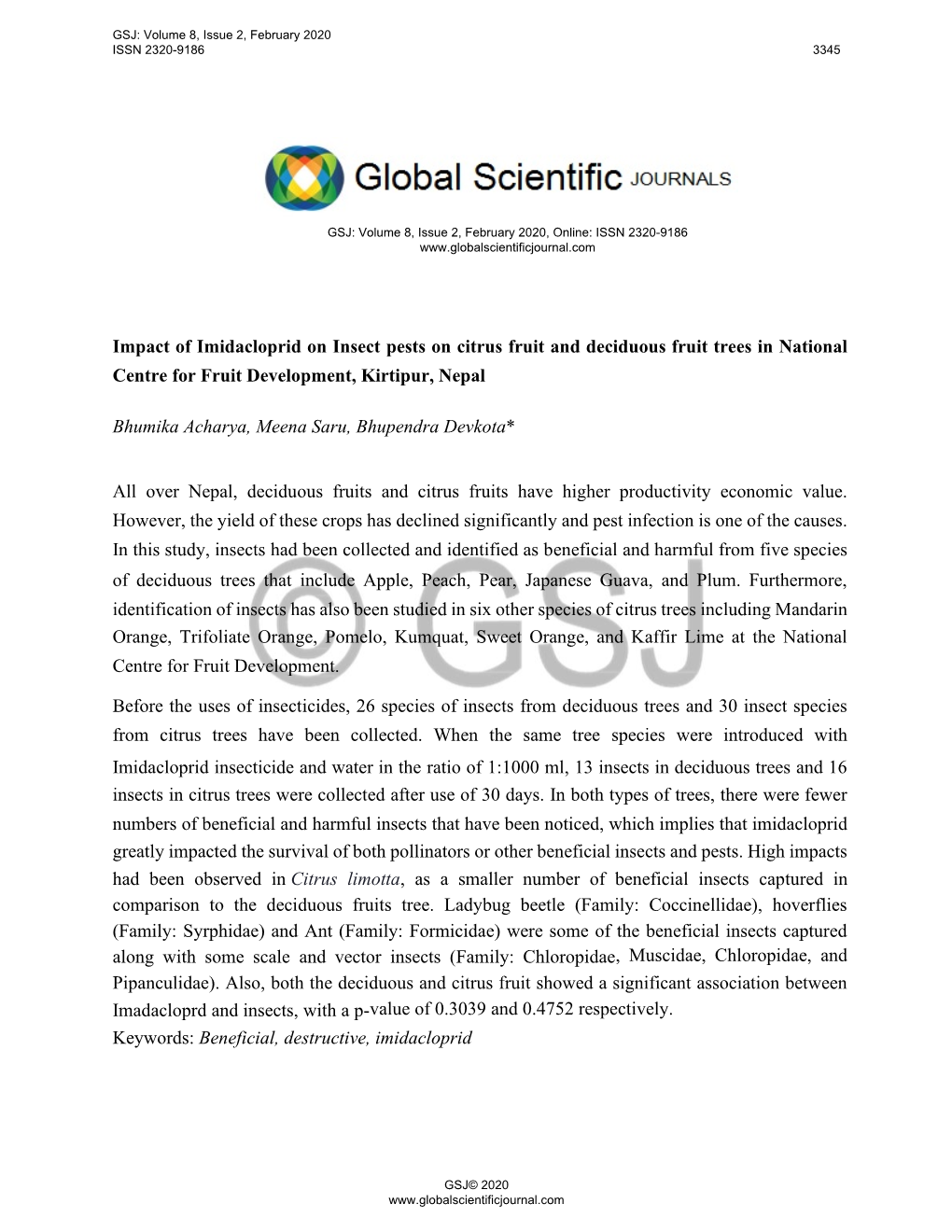 Impact of Imidacloprid on Insect Pests on Citrus Fruit and Deciduous Fruit Trees in National Centre for Fruit Development, Kirtipur, Nepal