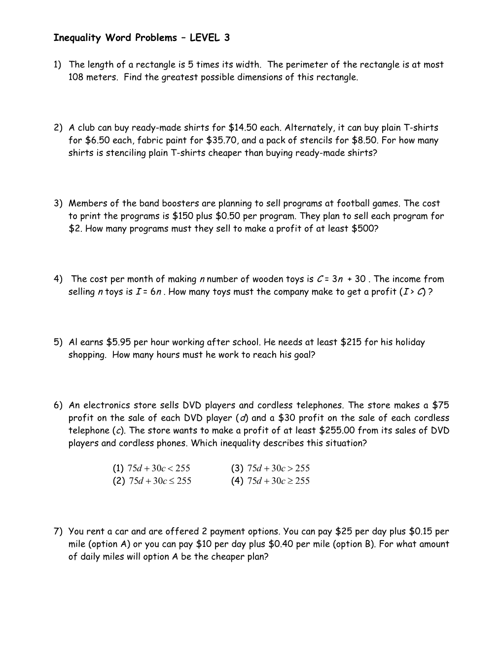 Inequality Word Problems LEVEL 2