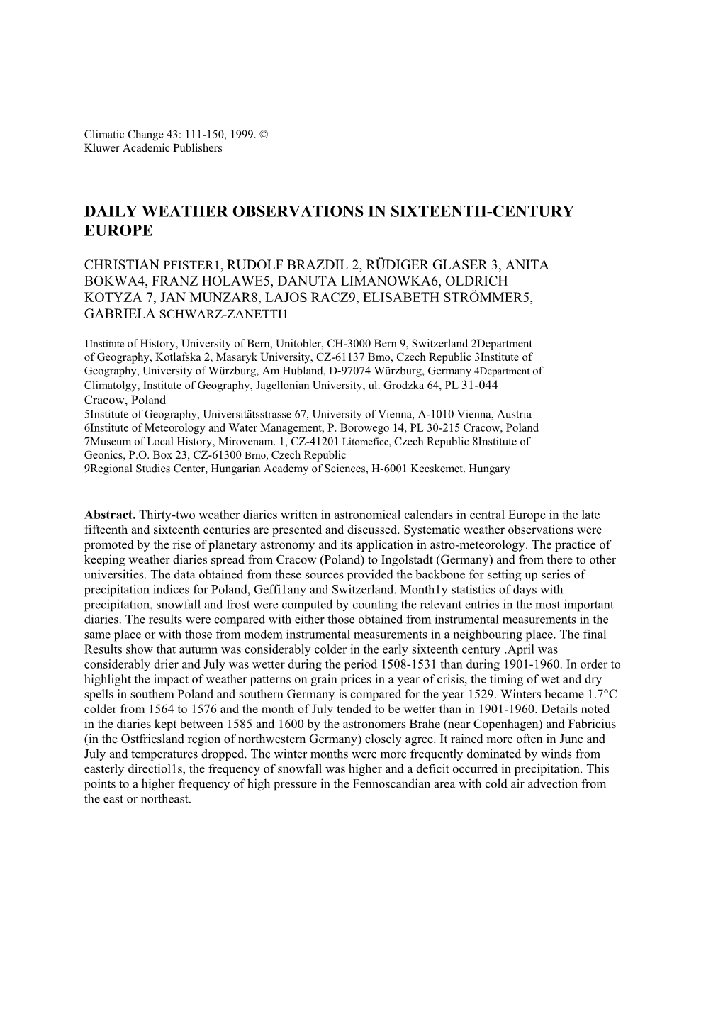 Daily Weather Observations in Sixteenth-Century Europe