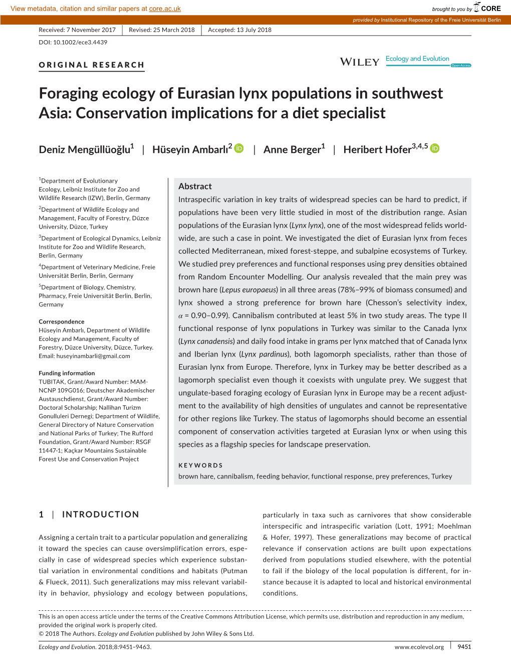 Foraging Ecology of Eurasian Lynx Populations in Southwest Asia: Conservation Implications for a Diet Specialist