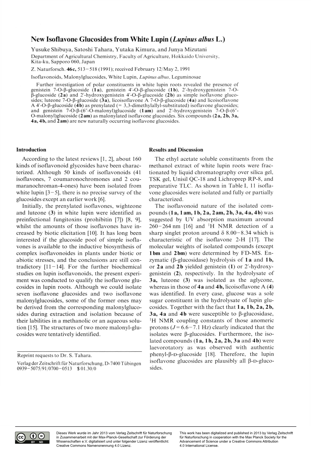 New Isoflavone Glucosides from White Lupin (Lupinus Albus