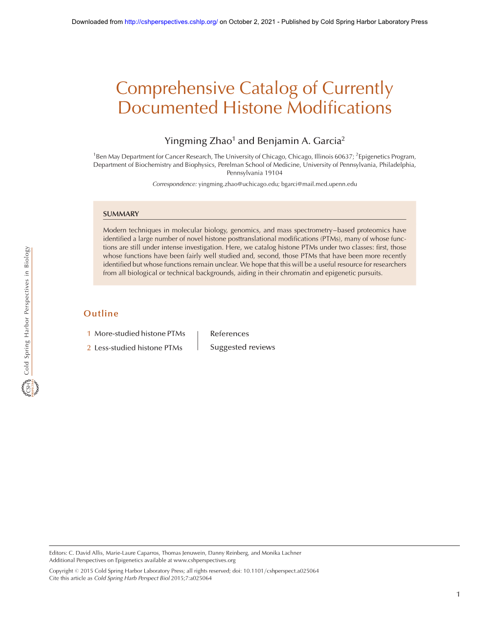 Comprehensive Catalog of Currently Documented Histone Modifications