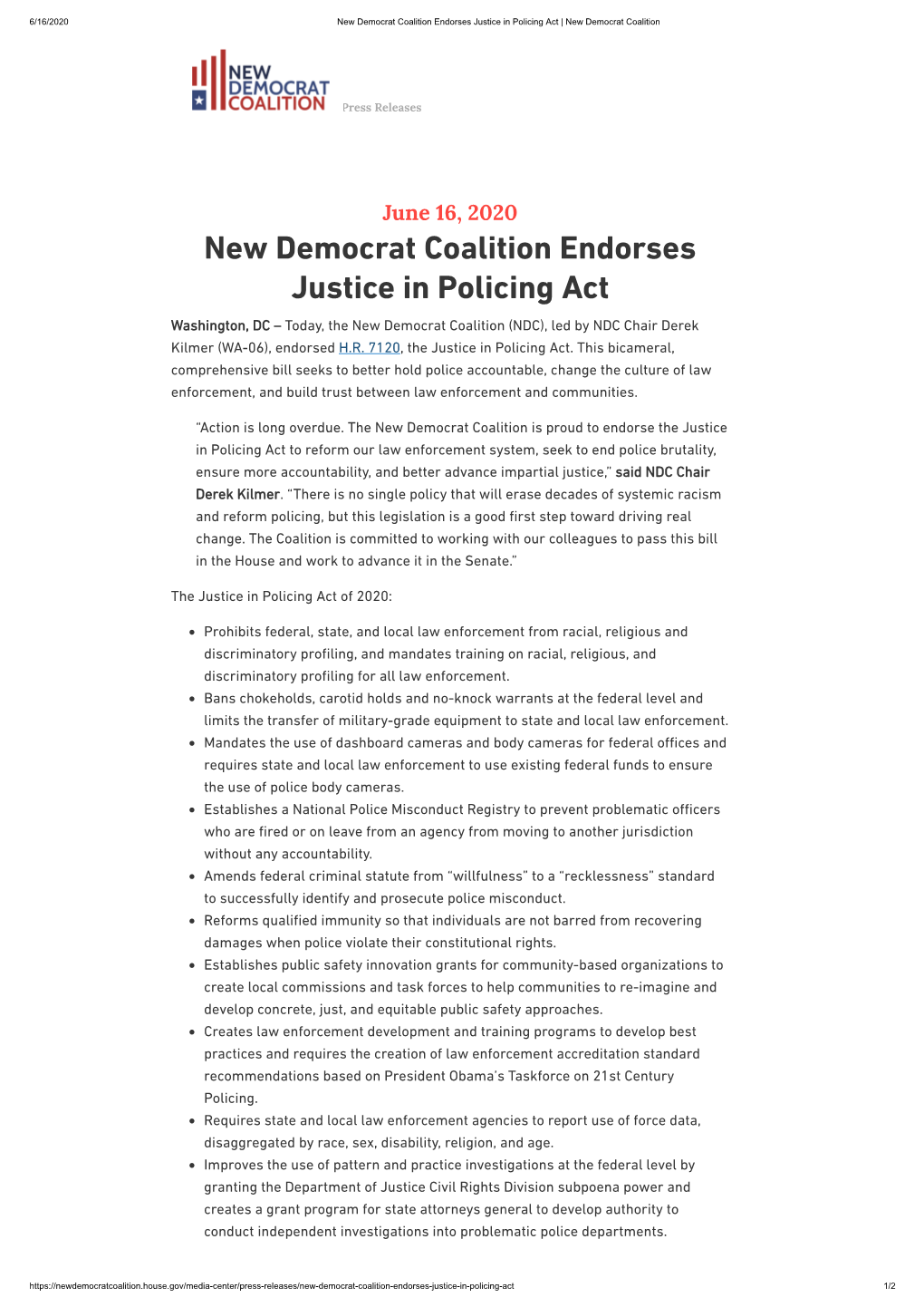New Democrat Coalition Endorses Justice in Policing Act | New Democrat Coalition