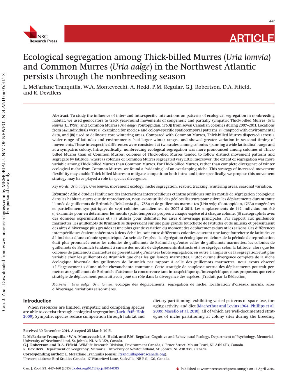 Ecological Segregation Among Thick-Billed Murres (Uria Lomvia) and Common Murres (Uria Aalge) in the Northwest Atlantic Persists Through the Nonbreeding Season L