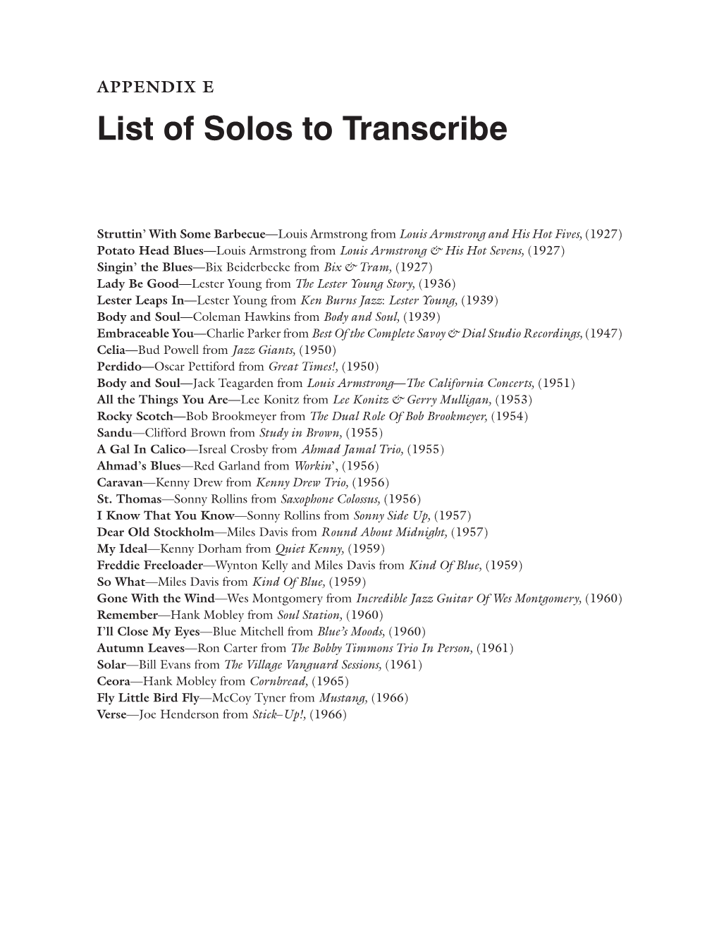 List of Solos to Transcribe