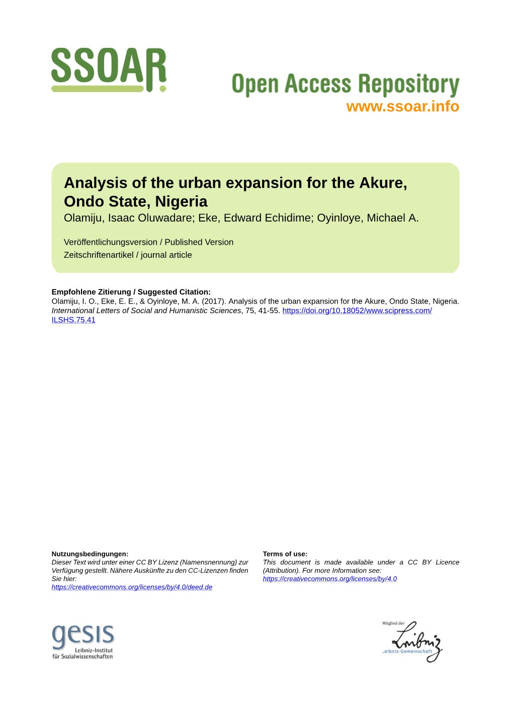 Analysis of the Urban Expansion for the Akure, Ondo State, Nigeria Olamiju, Isaac Oluwadare; Eke, Edward Echidime; Oyinloye, Michael A