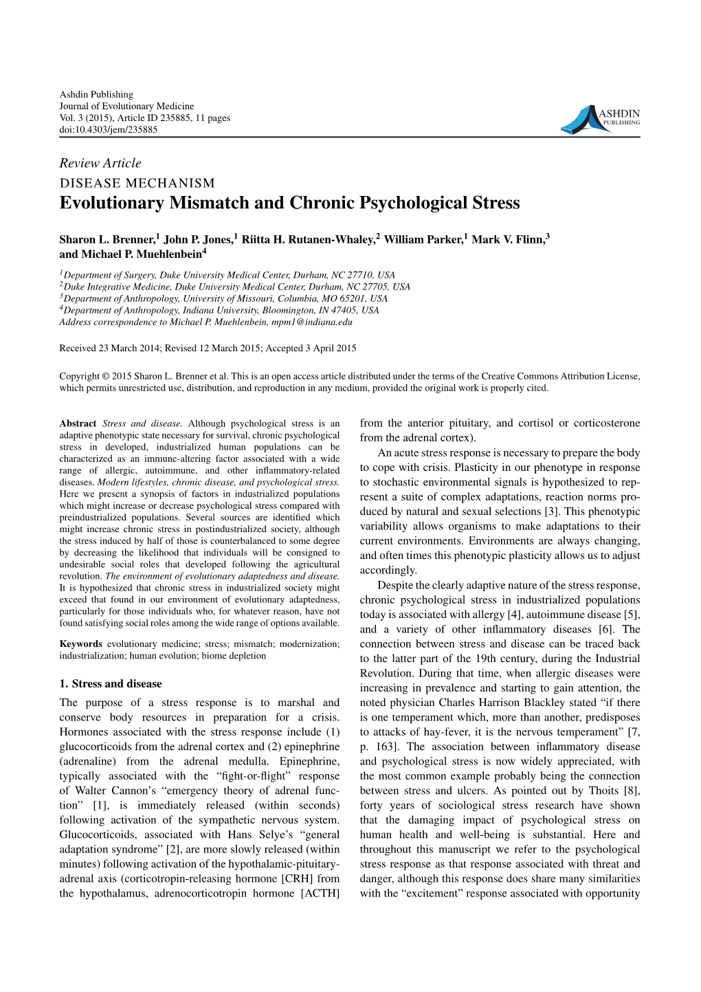 Evolutionary Mismatch and Chronic Psychological Stress