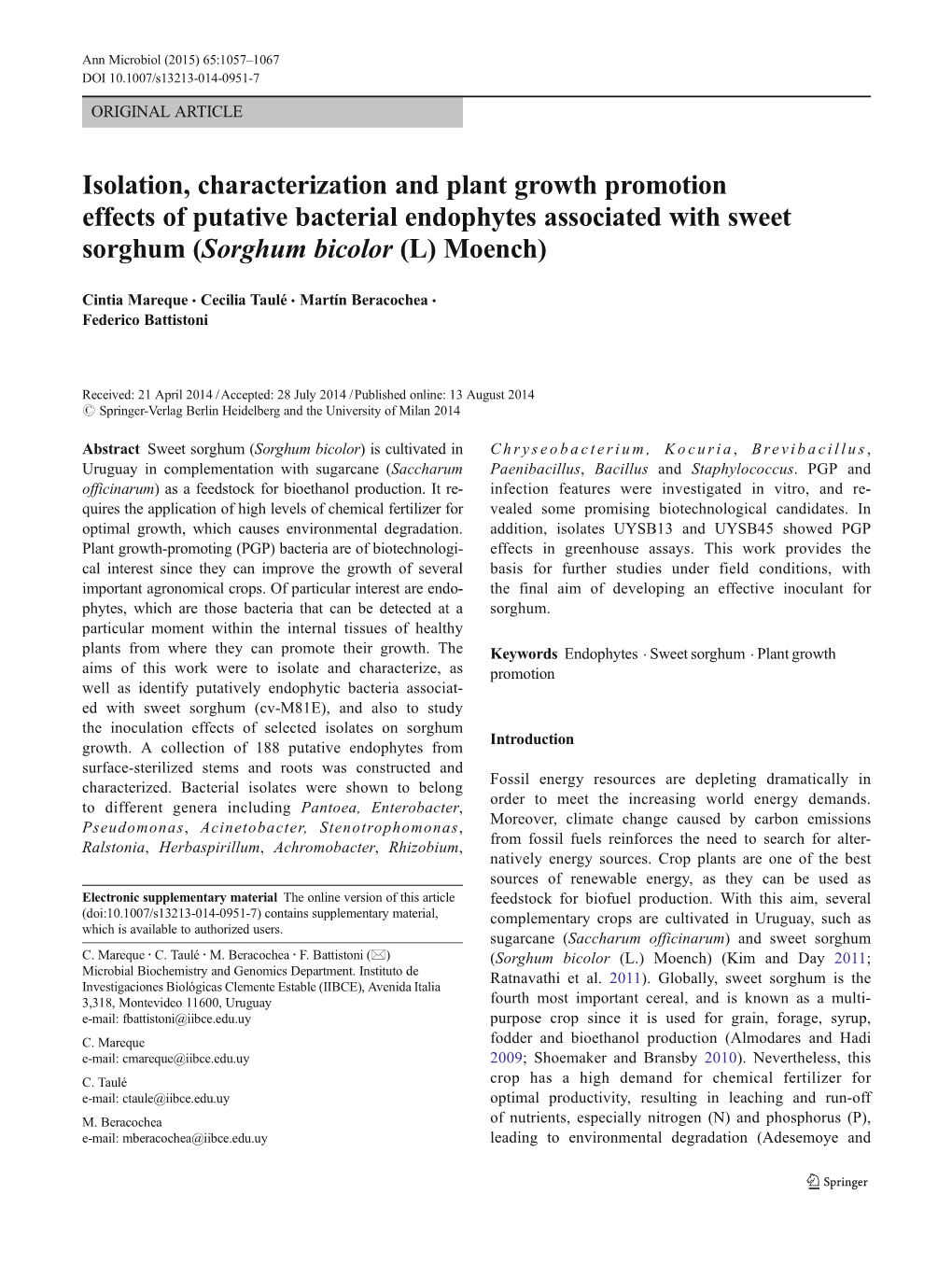 Isolation, Characterization and Plant Growth Promotion Effects of Putative Bacterial Endophytes Associated with Sweet Sorghum (Sorghum Bicolor (L) Moench)