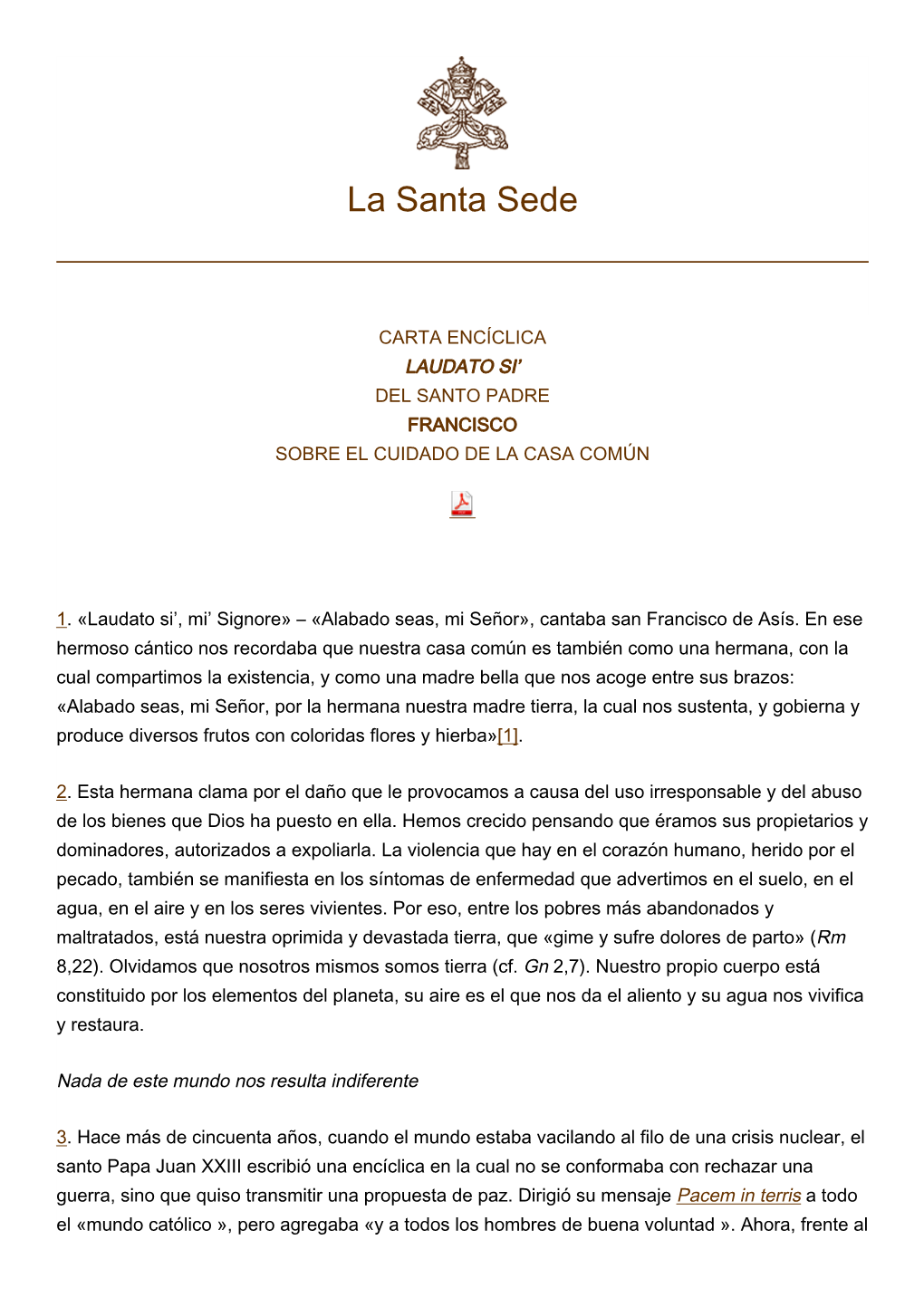 Carta Encíclica " Laudato Si' "