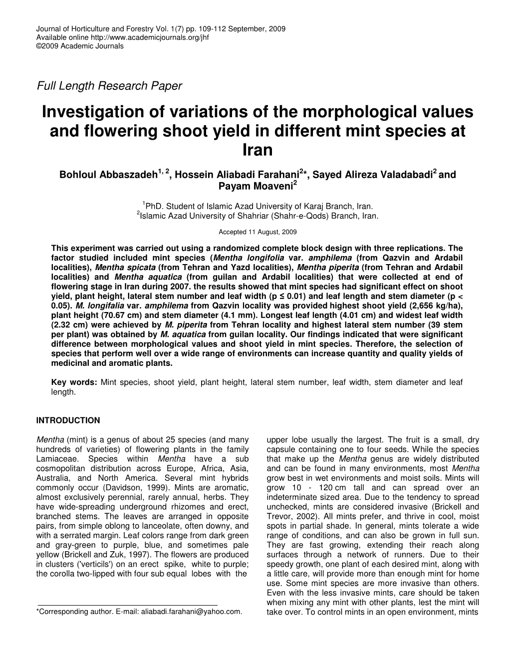 Investigation of Variations of the Morphological Values and Flowering Shoot Yield in Different Mint Species at Iran