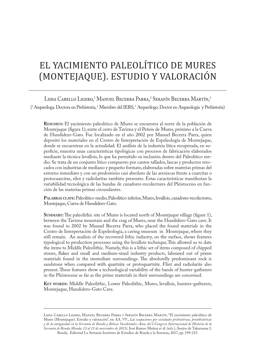 El Yacimiento Paleolítico De Mures (Montejaque). Estudio Y Valoración”, En AA