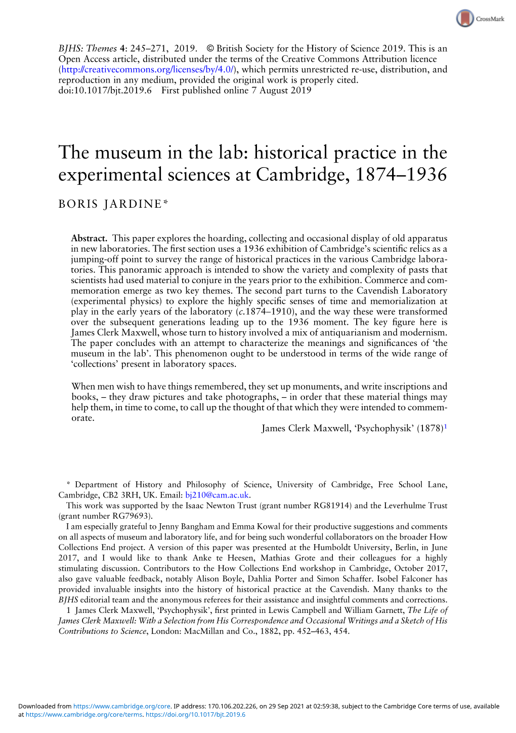 The Museum in the Lab: Historical Practice in the Experimental Sciences at Cambridge, 1874–1936