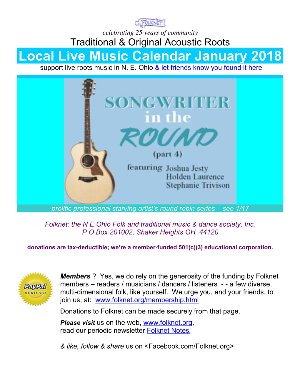 Local Live Music Calendar January 2018 Support Live Roots Music in N