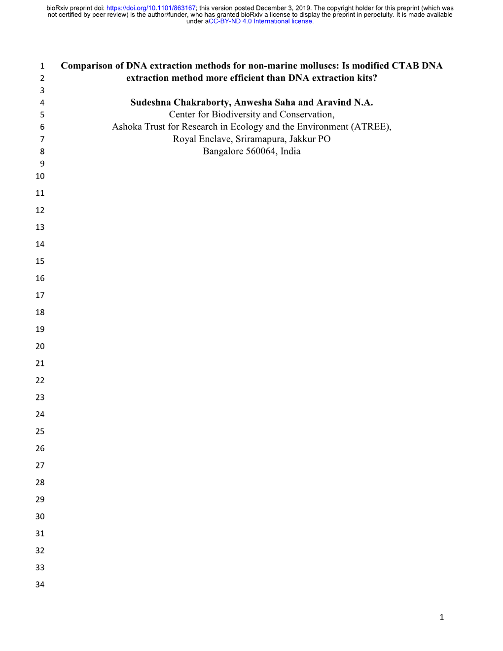 Comparison of DNA Extraction Methods for Non-Marine Molluscs