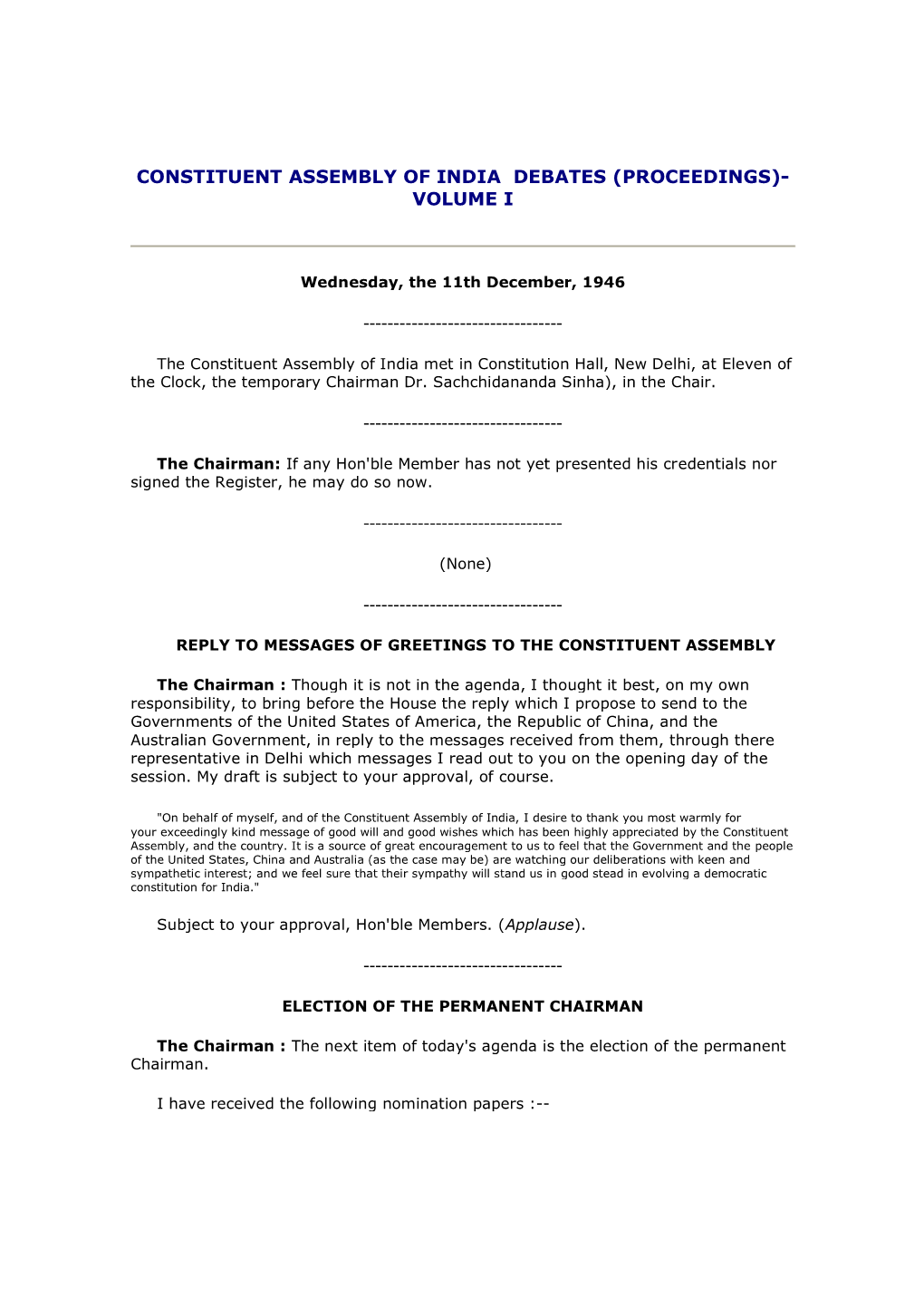 Constituent Assembly of India Debates (Proceedings)- Volume I