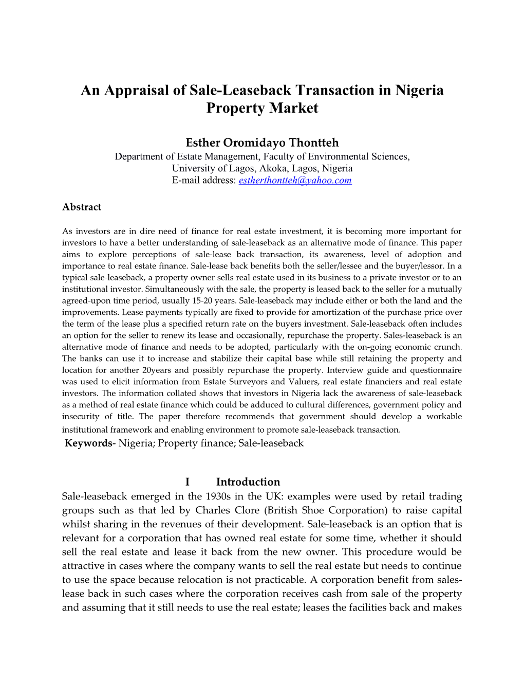 An Appraisal of Sale-Leaseback Transaction in Nigeria Property Market