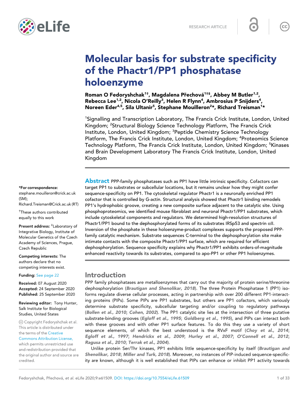 Molecular Basis for Substrate Specificity of the Phactr1/PP1 Phosphatase Holoenzyme