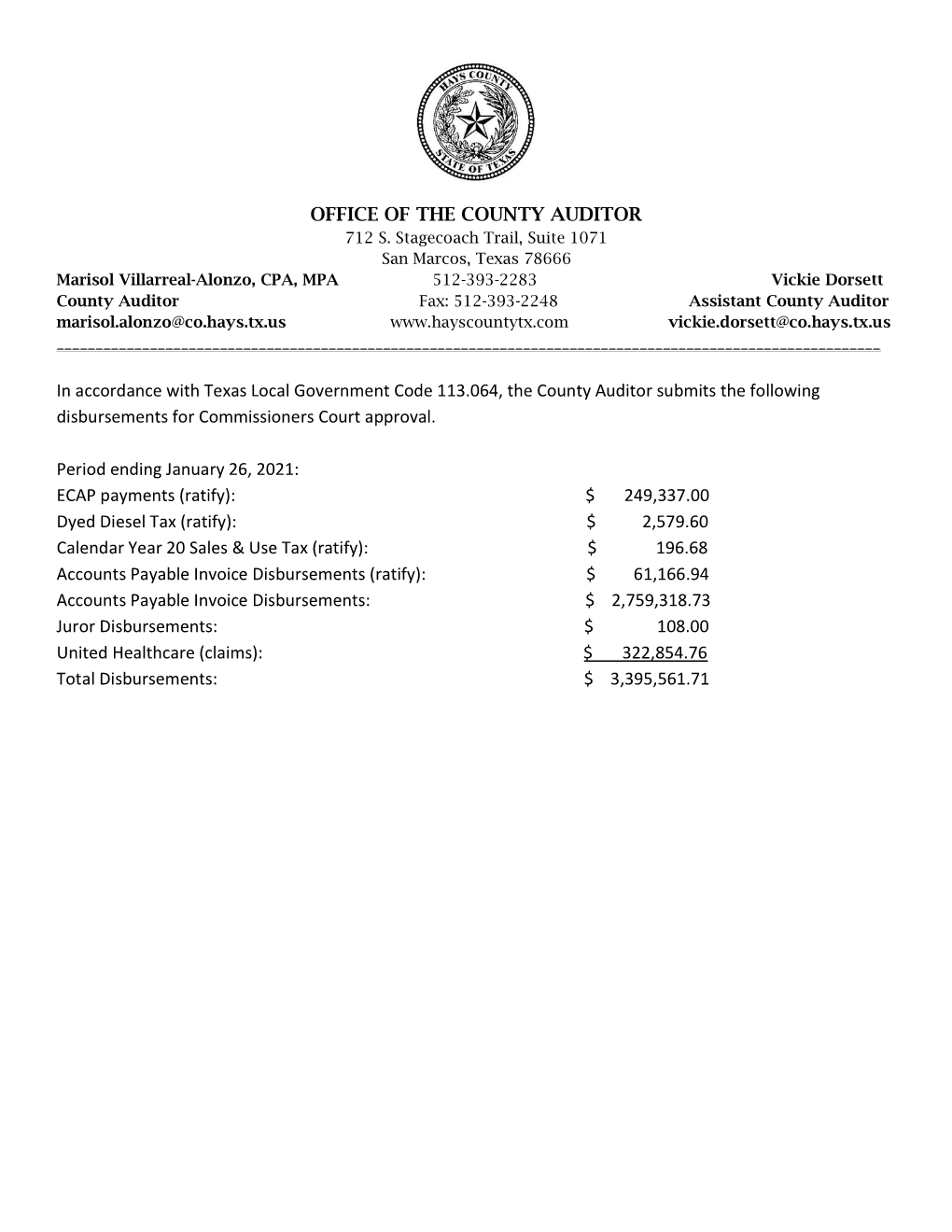 Hays County Disbursements Report Fund Requirements for Fund 001 - General Fund Disbursement Date 1/13/2021 to 1/26/2021