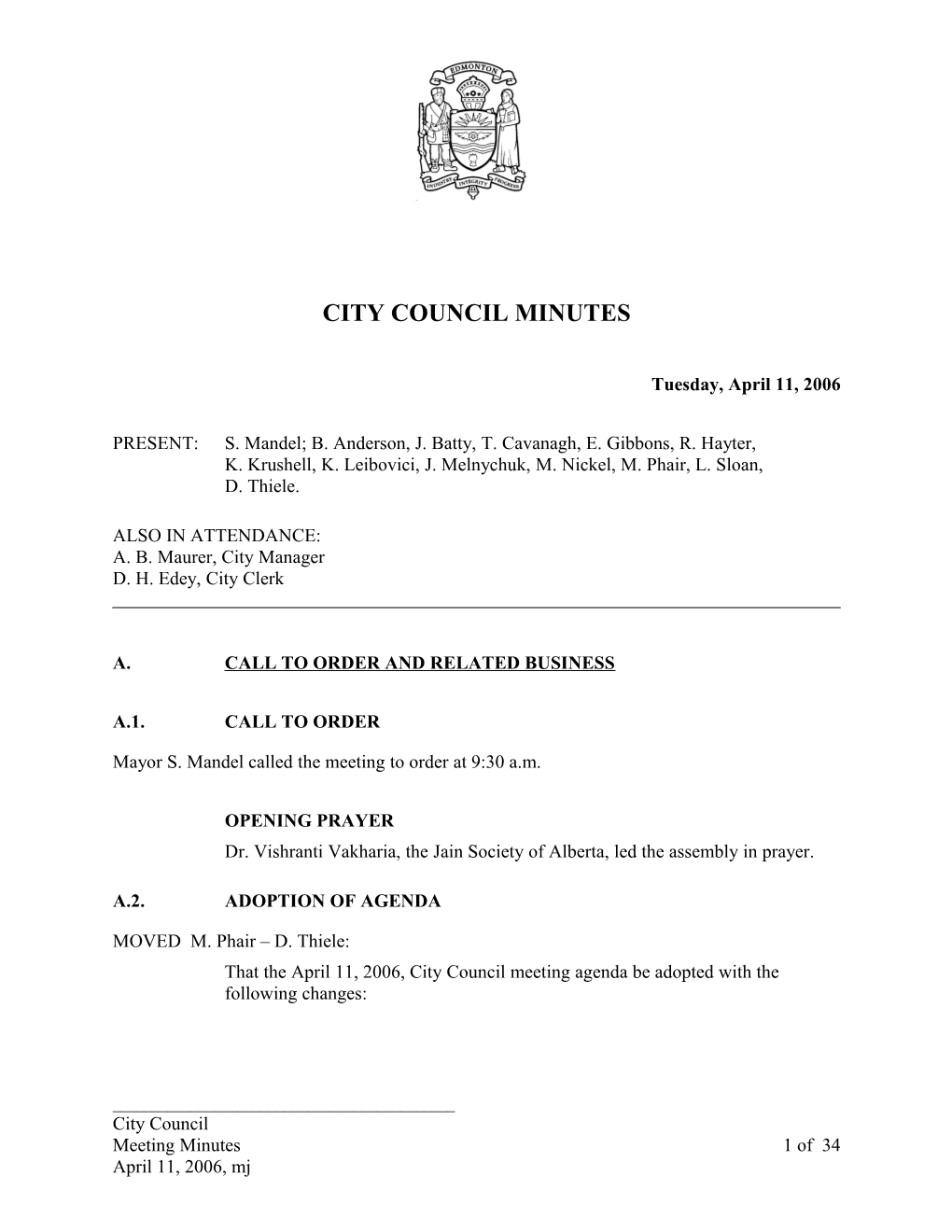 Minutes for City Council April 11, 2006 Meeting