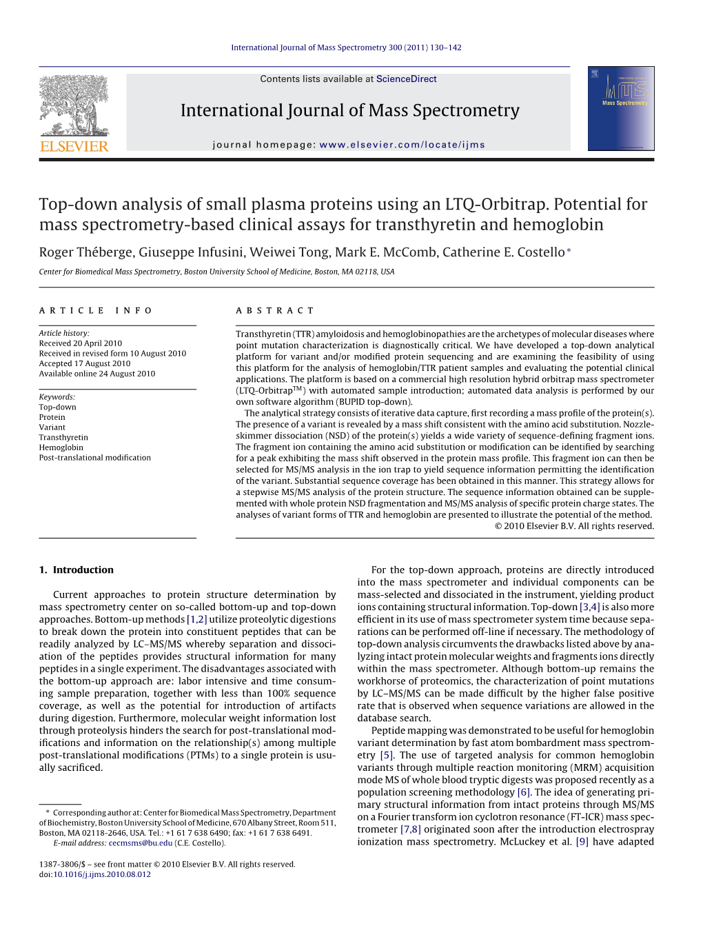 Top-Down Analysis of Small Plasma Proteins Using an LTQ-Orbitrap