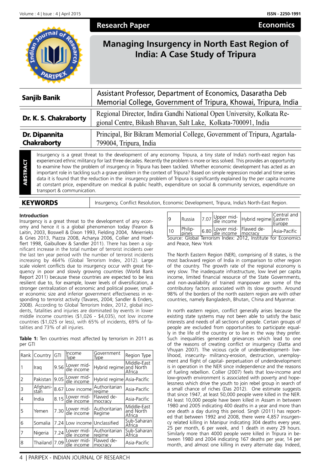 Managing Insurgency in North East Region of India: a Case Study of Tripura