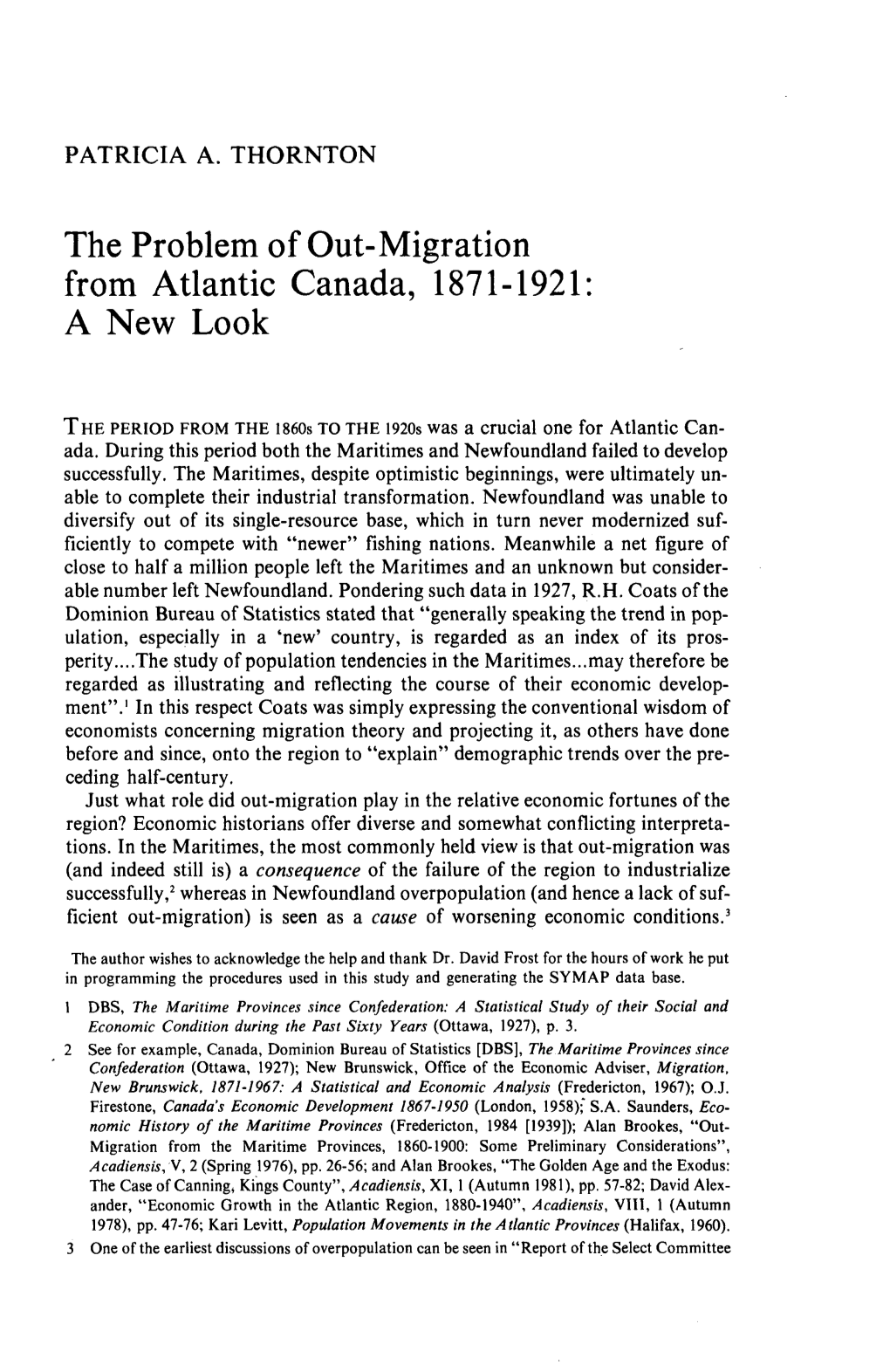 The Problem of Out-Migration from Atlantic Canada, 1871-1921: a New Look