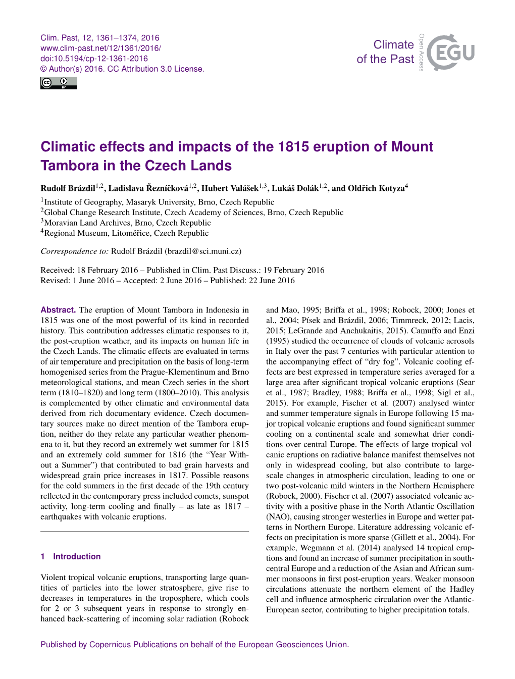 Climatic Effects and Impacts of the 1815 Eruption of Mount Tambora in the Czech Lands