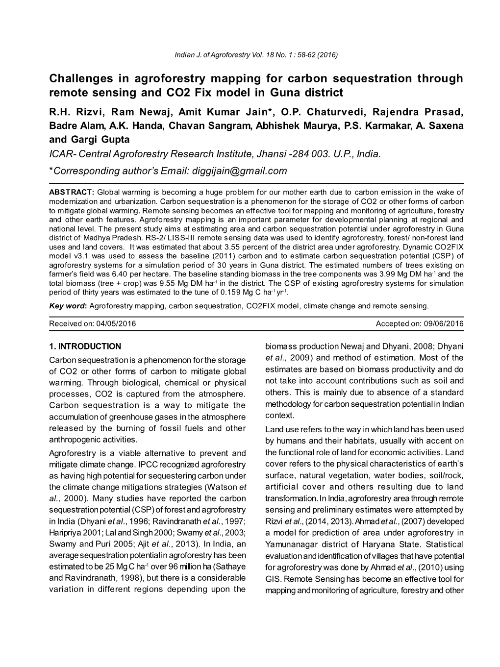 Challenges in Agroforestry Mapping for Carbon Sequestration Through Remote Sensing and CO2 Fix Model in Guna District R.H