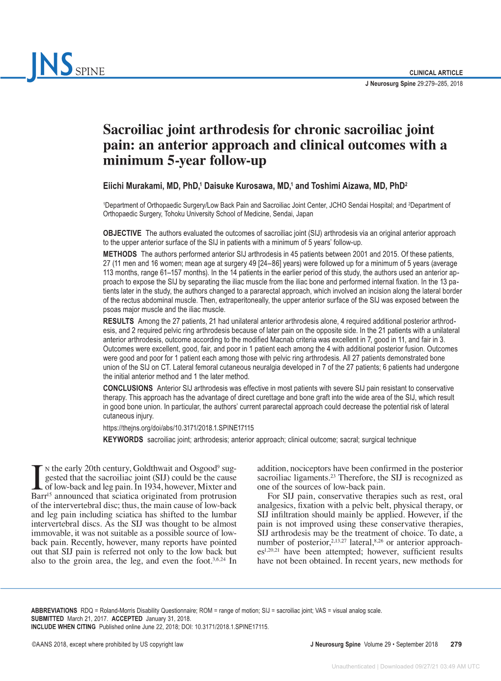 Sacroiliac Joint Arthrodesis for Chronic Sacroiliac Joint Pain: an Anterior Approach and Clinical Outcomes with a Minimum 5-Year Follow-Up