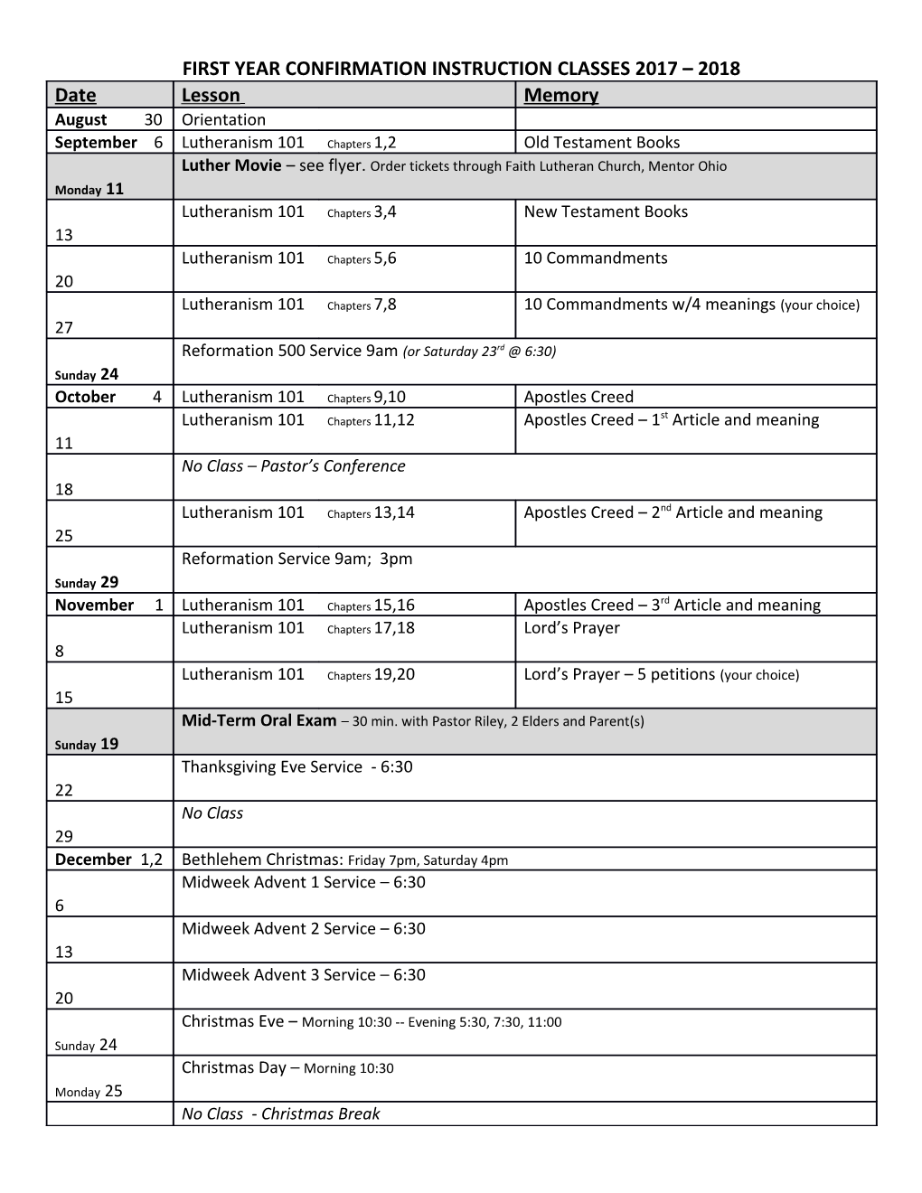 First Year Confirmation Instruction Classes 2017 2018