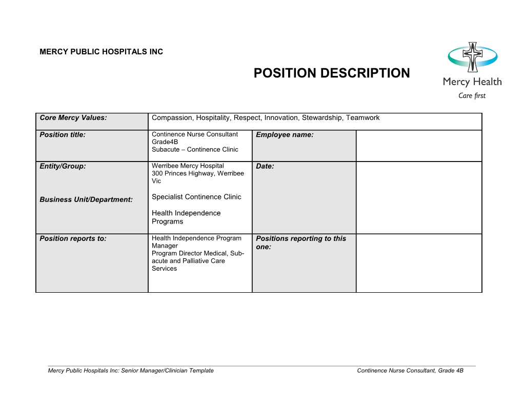 Mercy Health Manager Position Description Template