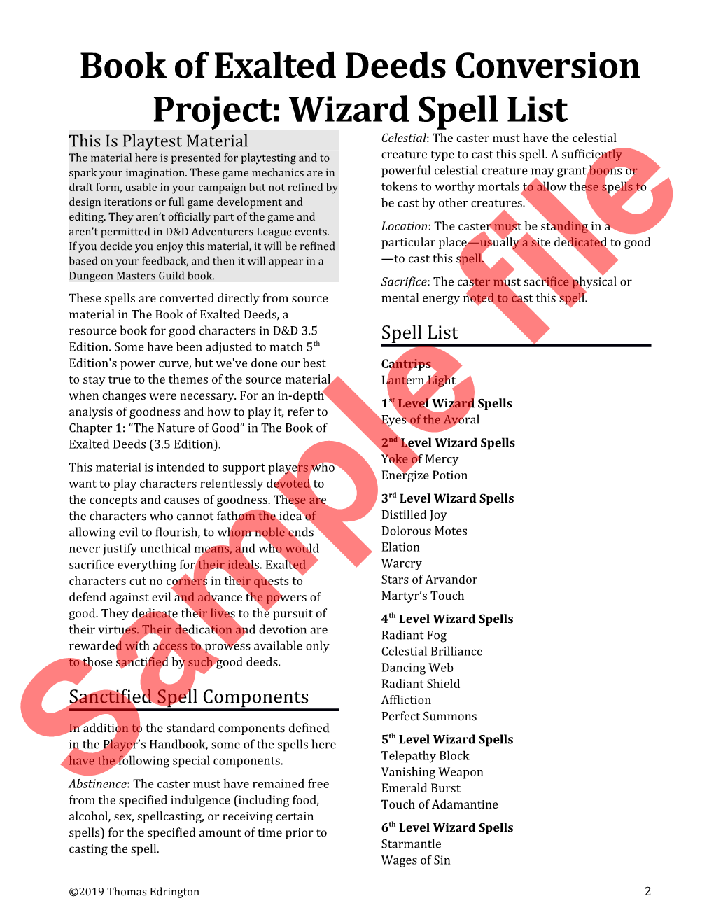 Book of Exalted Deeds Conversion Project: Wizard Spell List