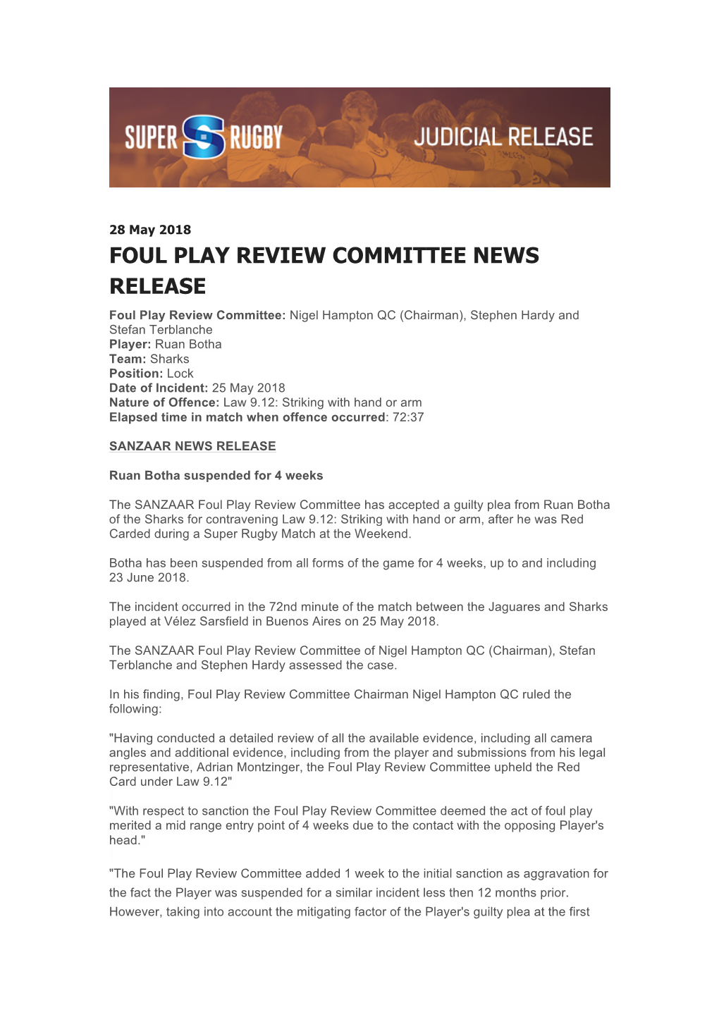Foul Play Review Committee News Release